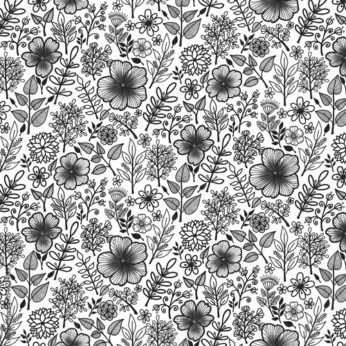 Seamless pattern black flowers botanical under white background illustration