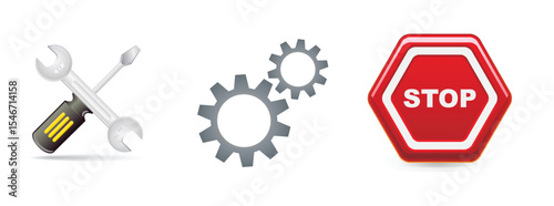 Stop sign, wrench, screwdriver, and gears illustrate maintenance halt