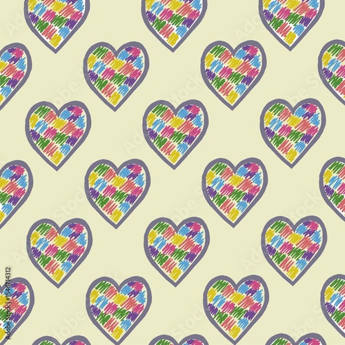 Seamless multicolor heart hand scribble texture under yellow background