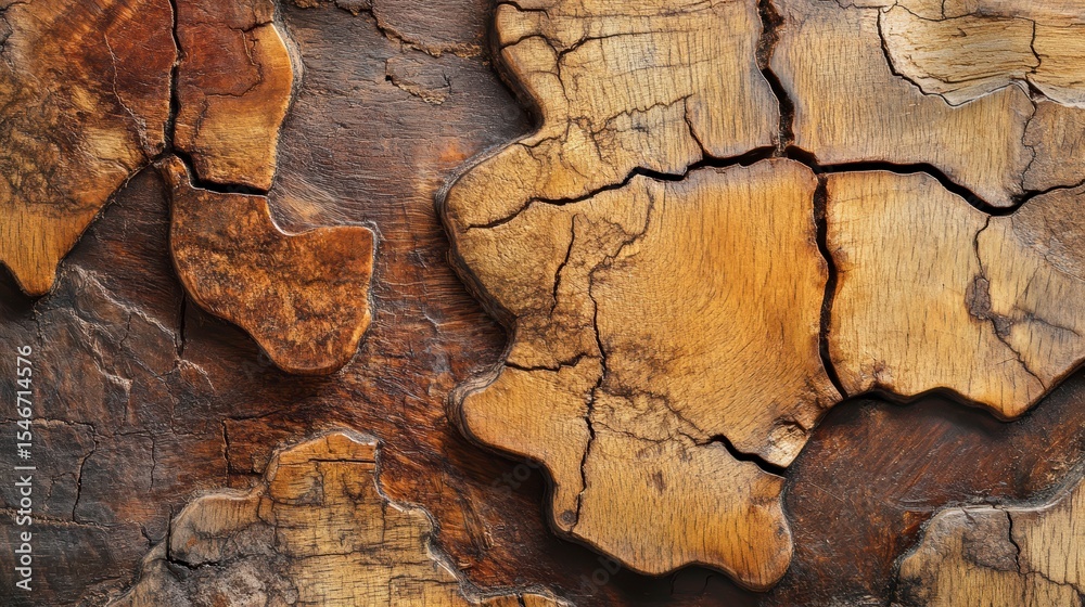 Fototapeta premium Close-up of weathered, cracked, and textured wood surface showing rich brown and amber tones.