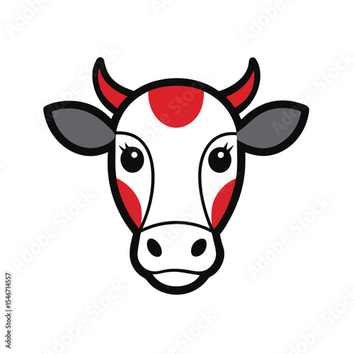 A cartoon cow face with red spots and horns isolated on white background in a cute and simple design