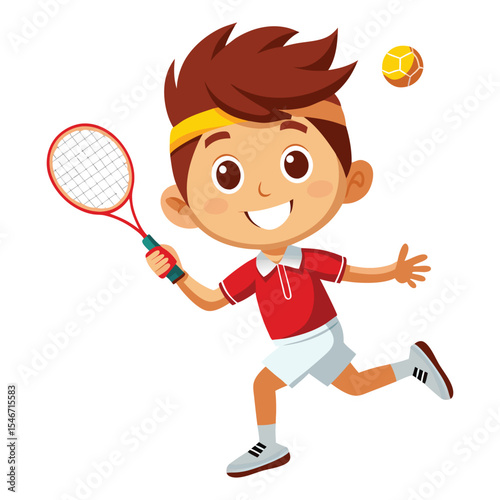 A cartoon boy plays tennis with a racket and ball isolated on white background