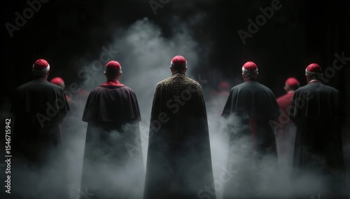 Cardinals in Black Robes and Red Hats Surrounded by Swirling Mist Create a Powerful and Mysterious Atmosphere in a Dramatic Low-Angle Perspective