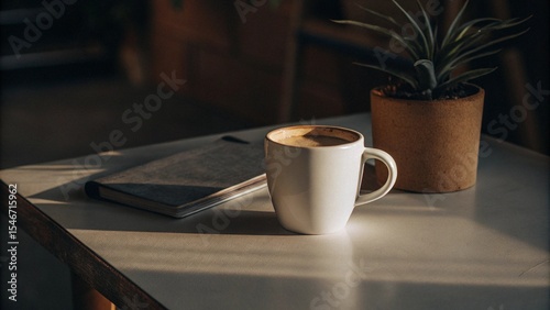 A comforting hot cup of coffee with a notebook on a cafe table, perfect for a morning break