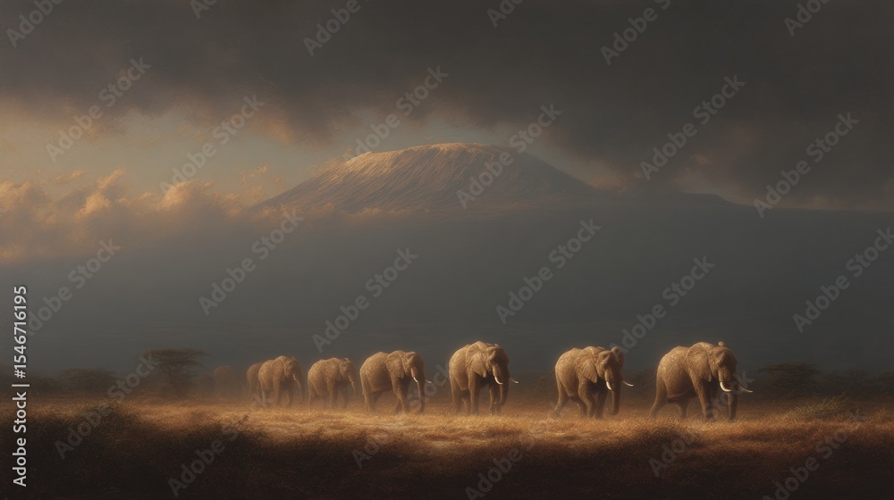 Fototapeta premium Elephants Walking Near Mount Kilimanjaro Under Dramatic Skies