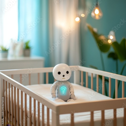 Robot Sitter in Crib with Teal Light, Future Babycare, AI Nanny