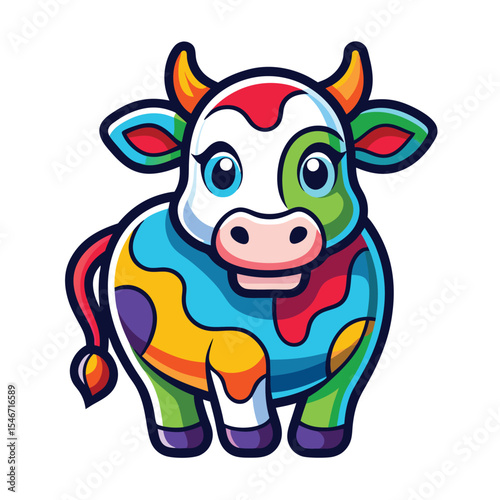 A colorful cartoon cow with vibrant spots stands isolated on white background