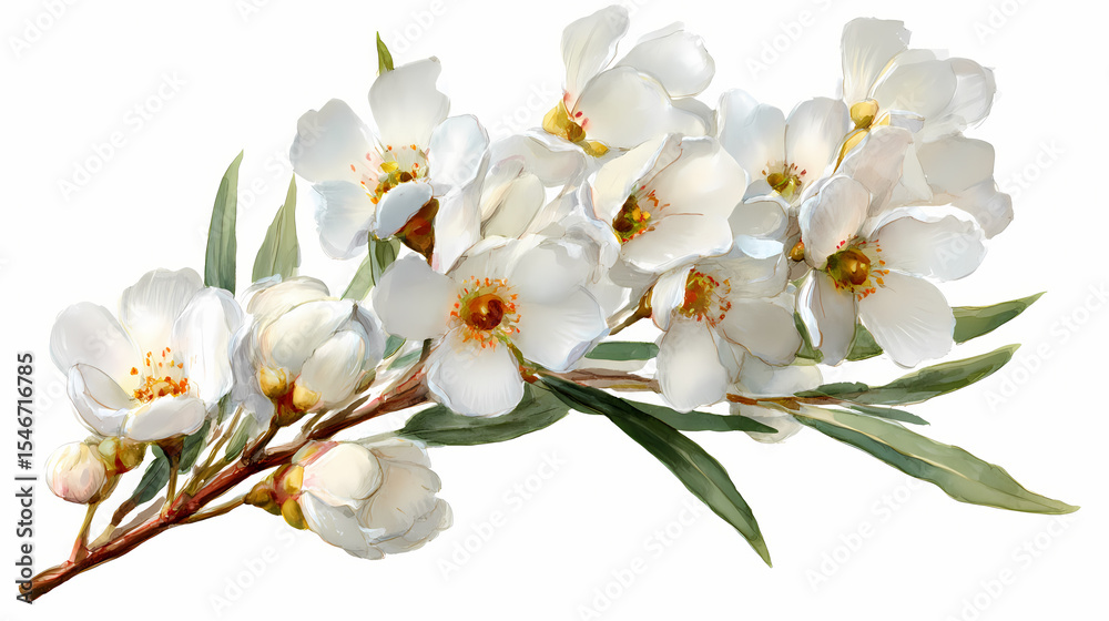 Obraz premium Watercolor Illustration of Wax Flowers – Tiny Pink-White Blossoms with Green Foliage on White Background