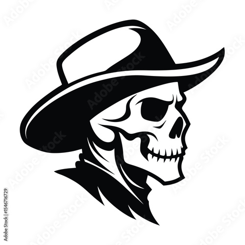 A cowboy skull with a hat isolated on white background represents death and the wild west in a spooky style