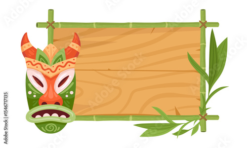 Bamboo frame with wooden tribal mask. Tiki totem bamboo frame flat vector illustration. Cartoon signboard with Hawaiian and African aboriginal totem