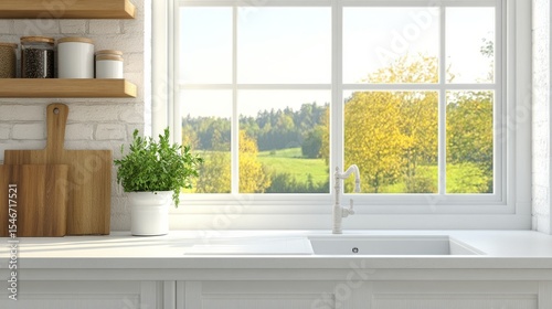 Rustic Kitchen Sink Design White Cabinets, Wooden Accents, Window View, 3D Render, Kitchen Decor, Country Kitchen Kitchen Design, Farmhouse Style