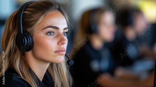 Focused customer service representative engaging with clients in a modern office environment