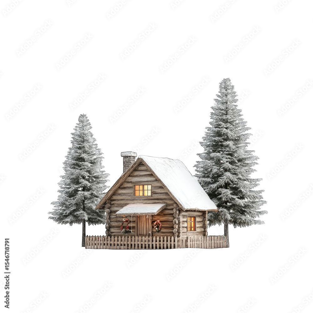 A snowy cabin with christmas decorations A snowy cabin with christmas decorations