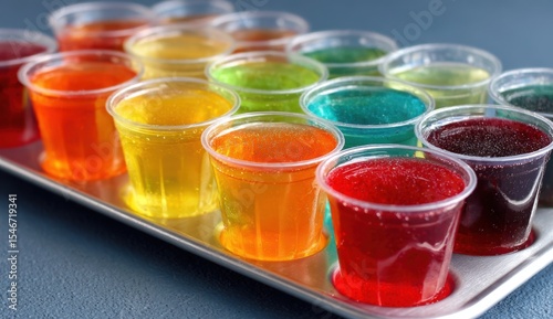 Celebrate With Vibrant Rainbow-Colored Jell-O Shots in Playful Plastic Cups, Perfect for Tropical Gatherings and Unforgettable Nights