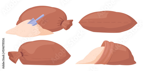 Sugar bags. Agriculture sweet sugar package, sugarcane product textile sackcloth bags flat vector illustration set. Sugarcane production bags on white