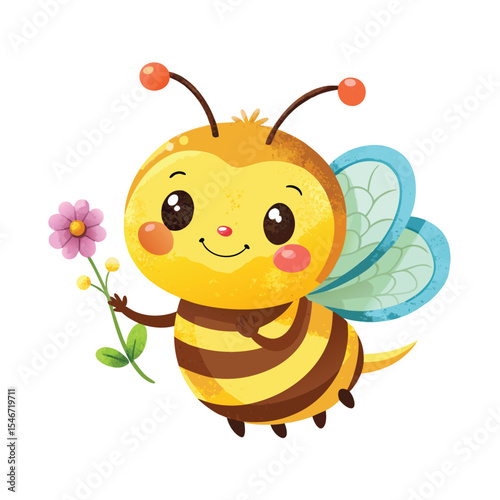 A cute cartoon bee is holding a flower isolated on white background