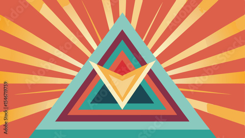 Abstract geometric retro design with layered triangles and radiant sunburst background.