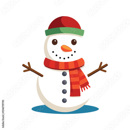 A cute cartoon snowman with a red scarf and hat stands cheerfully isolated on white background