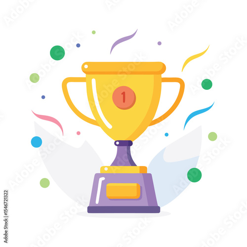 A golden trophy with the number one on it stands against a white background with confetti