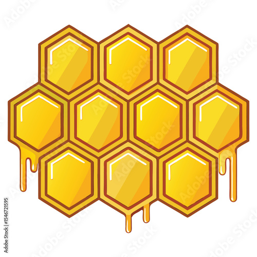 A dripping honeycomb pattern with golden honey isolated on white background
