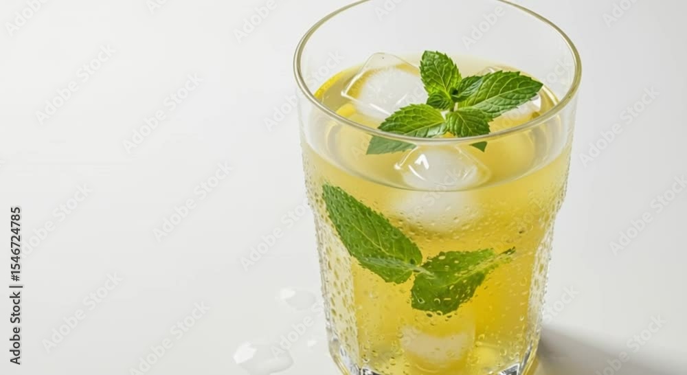 Iced summer drink with mint leaves and ice cubes
Iced summer drink with mint leaves and ice cubes