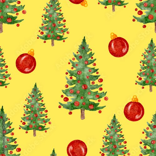 Christmas trees and baubles festive pattern, yellow background. Vector illustration
