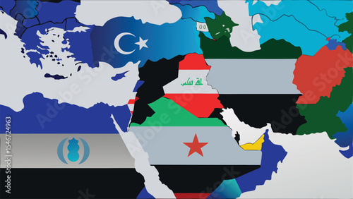 Illustrated map of middle eastern countries with national flag colors and distinct borders shown clearly