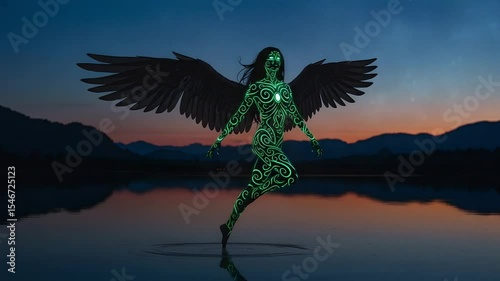 Flying Winged Figure Over Water at Dusk Serene Fantasy Scene