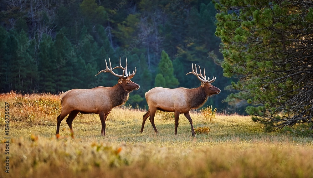 Fototapeta premium two spike elk wander along the edge of field in cataloochee