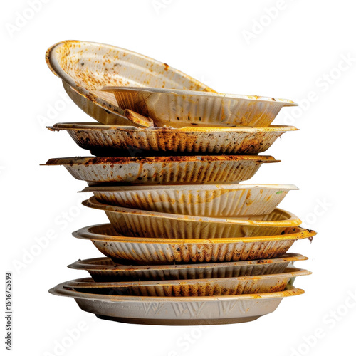 Stacked dirty disposable plates with remnants of food, showcasing messy and unkempt appearance