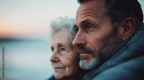 A touching moment between an elder and an adult man on a beach, capturing familial connection and love against a serene sunset backdrop in soft focus.