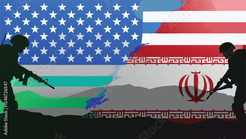 Illustration showing us and iran flags with soldiers symbolizing conflict and tension between countries
