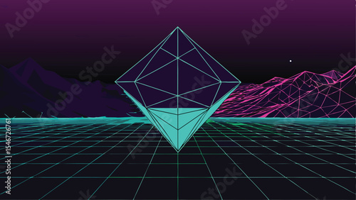 Abstract modern geometric wireframe illustration in retro futuristic digital style