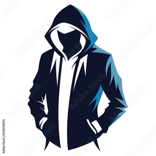 A man in a hoodie stands with hands in pockets isolated on white background