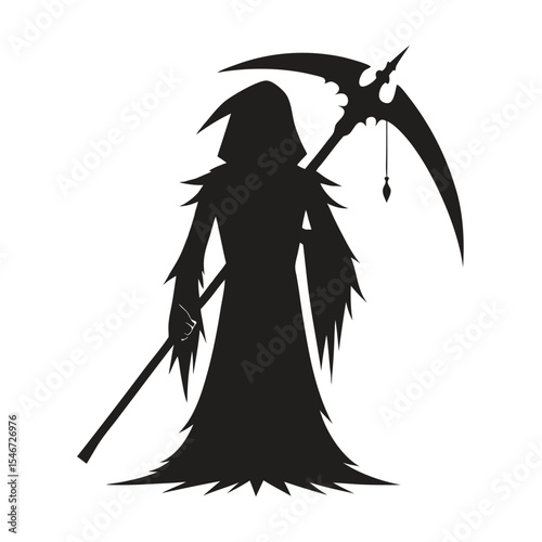 A grim reaper with a scythe in silhouette isolated on white background
