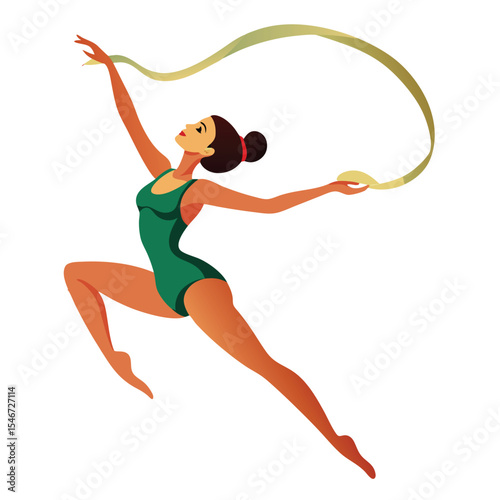 A gymnast performing with a ribbon isolated on white background