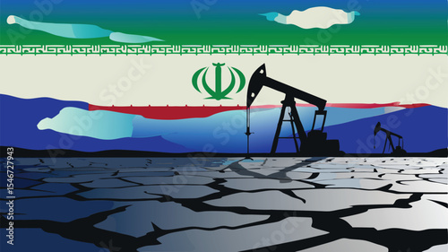 Illustration of oil pumps against the iranian flag and cracked earth landscape with cloudy skies above