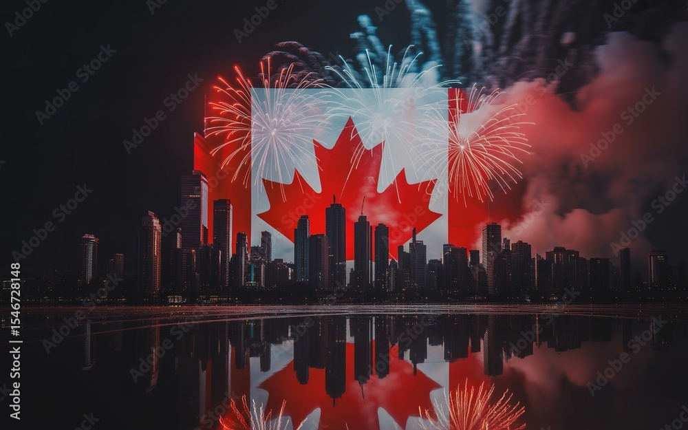 Fototapeta premium Canada Day Celebration with Fireworks and City Skyline