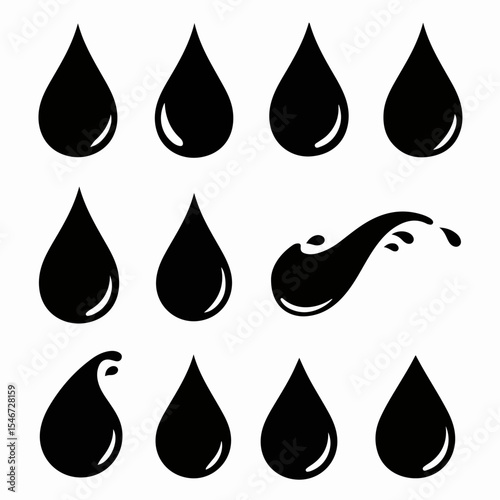 Black water drop icons set and splash
