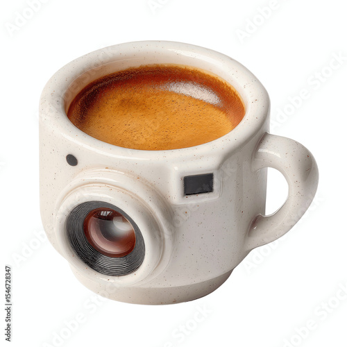 Espresso in a Camera-Shaped Mug on a Bright Blue