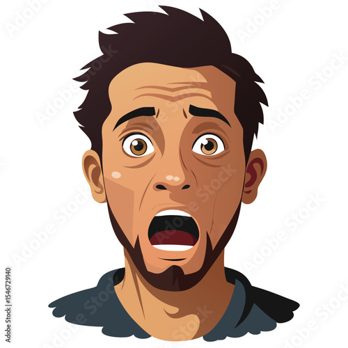 A man with a shocked expression shows fear isolated on white background