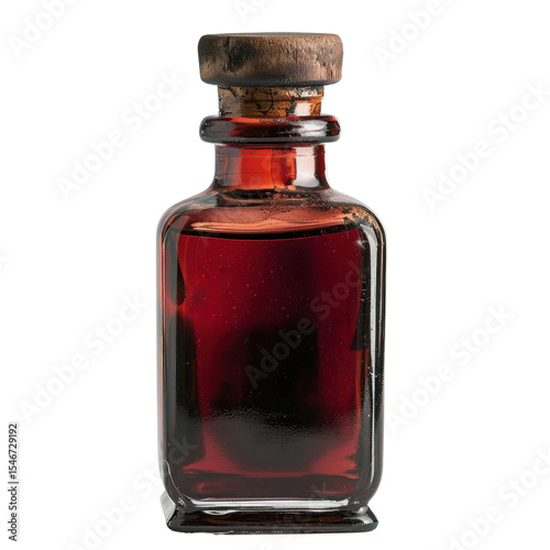 Vintage glass bottle filled with dark red liquid, featuring wooden cork. bottle has classic design, evoking sense of nostalgia and mystery