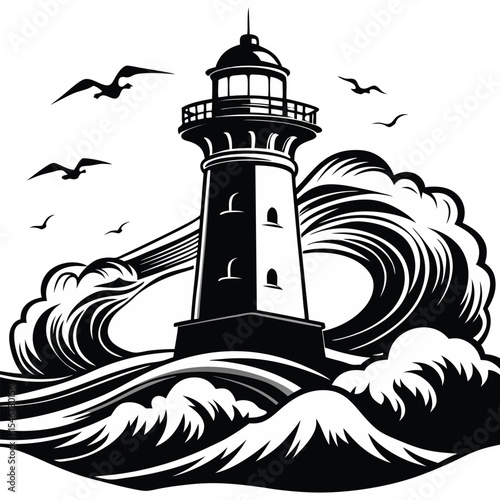 Bold Lighthouse Ink Drawing with Ocean Waves and Seagulls


