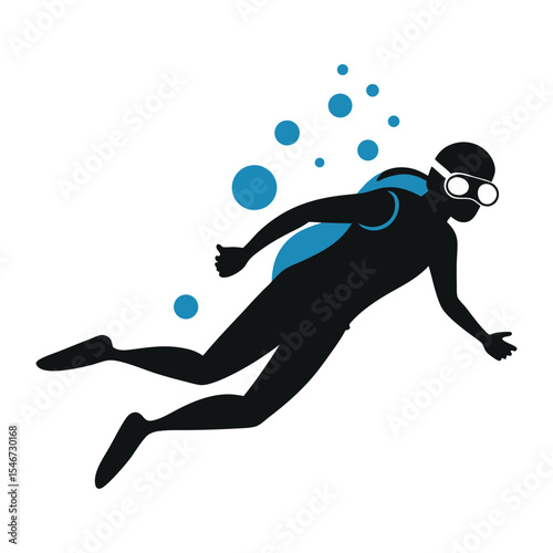 A scuba diver swimming underwater with bubbles isolated on white background