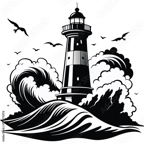 Bold Lighthouse Ink Drawing with Ocean Waves and Seagulls

