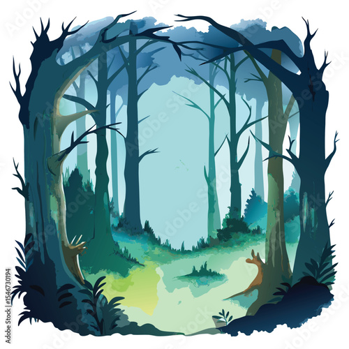 A serene forest landscape with tall trees and deer in a moody blue and green color palette