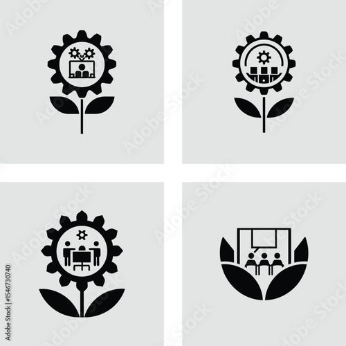 Blooming Business Growth Strategies & Teamwork Icons