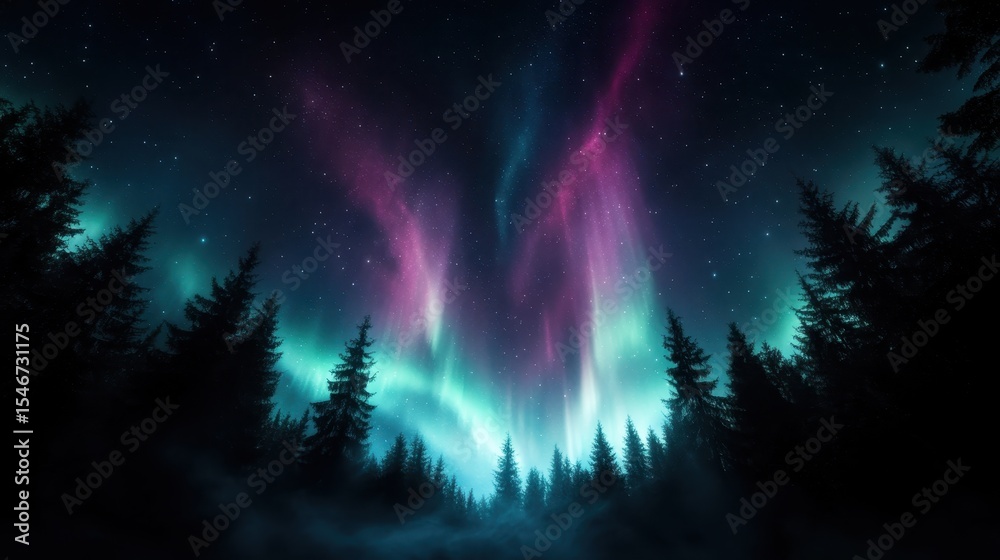 Naklejka premium A breathtaking view of the Northern Lights dances in vibrant colors over a dark forest landscape, creating a magical and serene night sky experience for nature lovers.