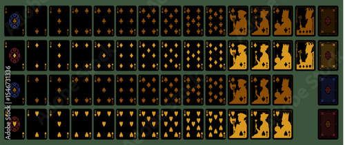 Gold and black playing printable vector cards for poker, bridge. Deck of 52 cards. Silhouette a portrait of the King, Queen, Jack and Joker and 4 suits spades, hearts, diamonds, clubs. Design №3