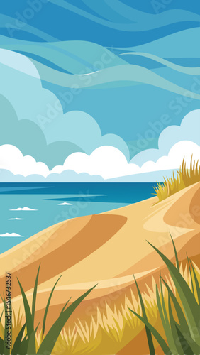 Beautiful coastal landscape illustration depicting a sandy beach and sunny blue sky